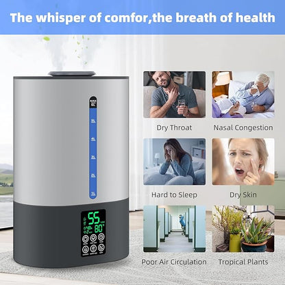 6L Humidifiers for Bedroom Large Room Home,Cool and Warm Humidifier for Baby and Plants Mist Top Fill Desk Humidifiers Essential Oil Diffuser, Quiet with Adjustable Mist,360°Nozzle-Grey