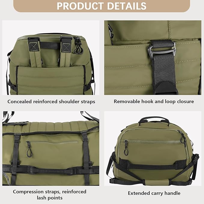 CONTAIL 86L Wheeled Duffel Bag, Soft Shell with Adjustable Web Handles, Carry On Size 29.5x14.2x12.6in, Foldable with Dual Wheels & Shoe Compartment,Army Green