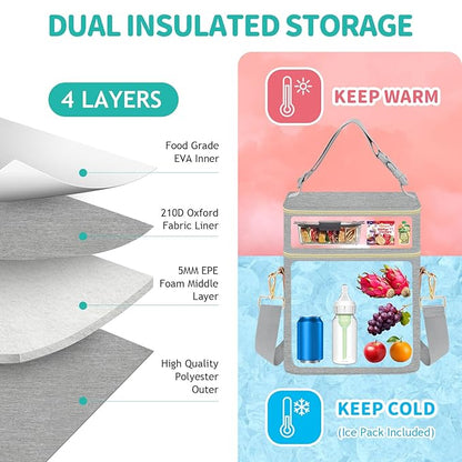 PIIOSER Breastmilk Cooler Bag with Ice Pack Fits 6 Baby Bottles Up to 9 Ounce, Insulated Baby Bottle Tote Bags, Double Layer Waterproof Leak-Proof with Shoulder Strap for Nursing & Working Mom (Grey)