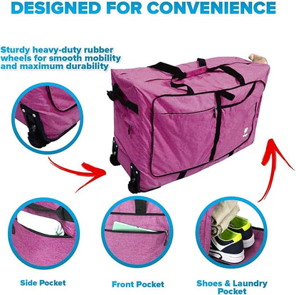 Bago Rolling Duffle Bag with Wheels - 30" 100L Foldable Weekender Bag, Waterproof Travel Duffel Bag, Heavy Duty Lightweight Duffle Bag for Traveling, Rolling Duffel Bag with Wheels (SnowPurple2024)