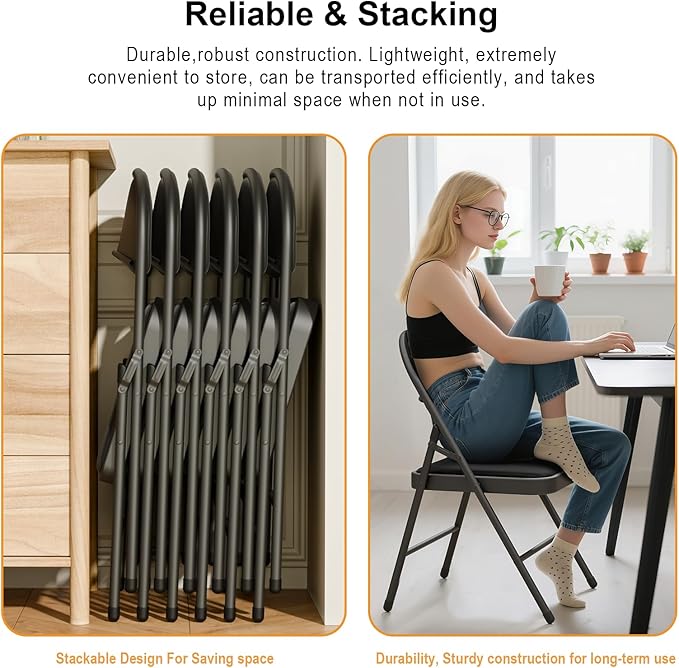 12 Pack Black Folding Chairs with Padded Cushion for Outside, Portable Stackable Commercial Metal Foldable Chairs with Steel Frame for Home Events Office Wedding Party, 350lbs Capacity