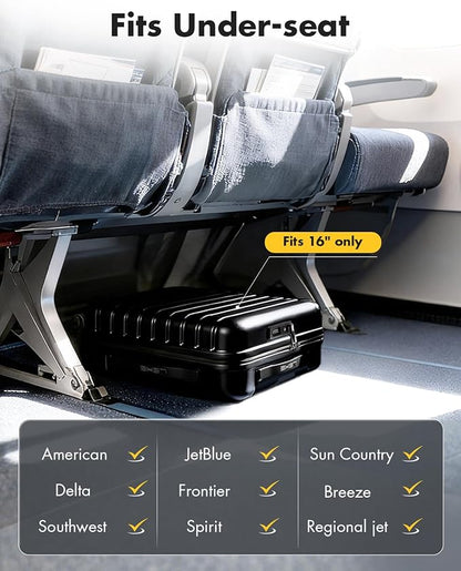 Lekesky 16 Inch Underseat Carry On Luggage Airline Approved, Small Hard Shell Suitcase with TSA Lock Spinner Wheels, Lightweight Personal Item Carry-On for Travel, Black