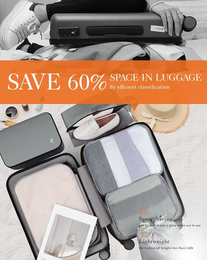 HOTOR Packing Cubes for Suitcases - 6 Pieces, Light Packing Cubes for Travel, Premium Suitcase Organizer Bags Set, Space-Saving Luggage Organizers, Travel Accessories and Essentials, Grey