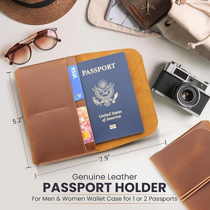 Leather Passport Holder with Travel Wallet, Genuine Leather Passport Cover- Passport Wallet, Leather Folding Wallet for Passports (Strap, Brown)