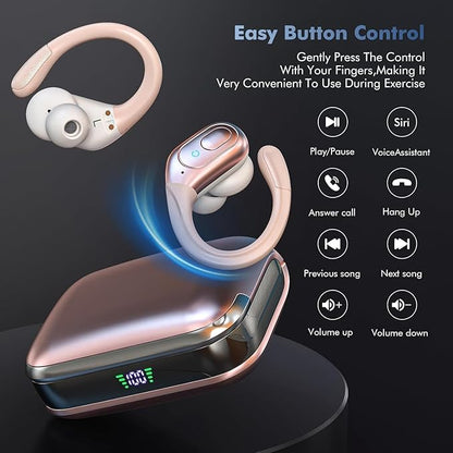 Wireless Earbuds Bluetooth 5.4 Headphones, IPX7 Waterproof Earphones, Over-Ear Earphones, Noise Canceling Ear Buds with 75hr Playtime, LED Power Display for Sports/Workouts - Rose Gold