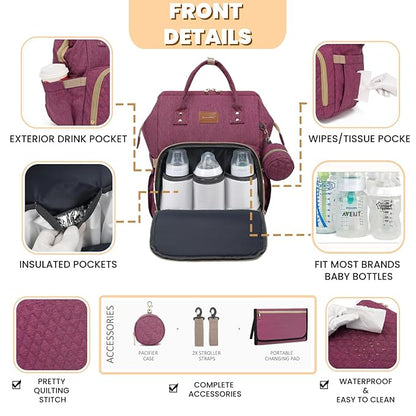 Diaper Bag Backpack with Changing Pad, Pacifier Case, Baby Bag for Boy Girl Toddler - Large, Stylish, Waterproof Travel Quilted Diaper Bag for Mom - Baby Shower - Purple