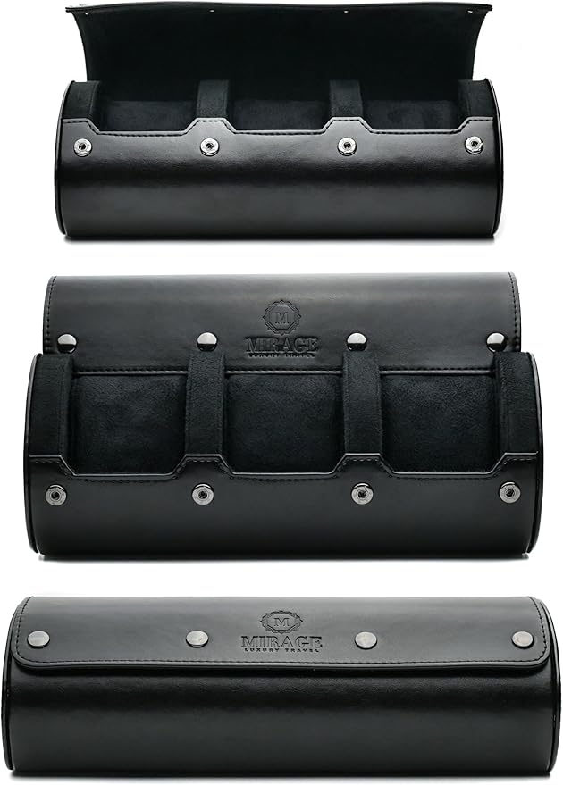 Travel Watch Case – 3 Watch Organizer Travel for Men - Watch Carrying Case Holder and Display - Super Black Motif Vegan Leather