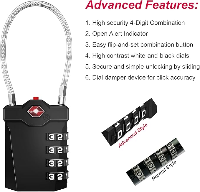 ZHEGE TSA Approved Luggage Lock, Travel Lock, 10,000 Combination Options, 5.5in Flexible Cable, Easy to Use, Secure & Solid, Suitable for Suitcase, Backpack, Briefcase (1 Pack, Black)