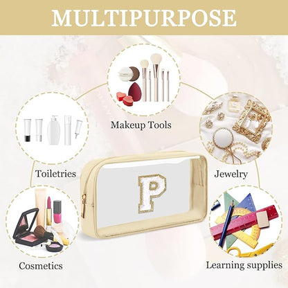 Small Clear Personalized Initial Makeup Bag, Preppy Nylon A-Z Chenille Letter Patch Makeup Organizer TSA Approved Travel Toiletry Bag,Waterproof Zip Beach Cosmetic Pouch Purse for Women(Beige-White P)