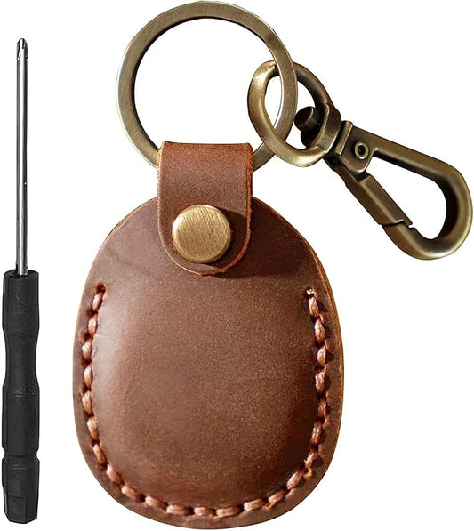 Genuine Leather AirTag Keychain Compatible with Apple AirTag Case Leather Key Ring. Anti Lost Anti Scratch Secure Key Chain Holder for Pet Collar Luggage Travel. Full Cover Protective Air Tag Keyring