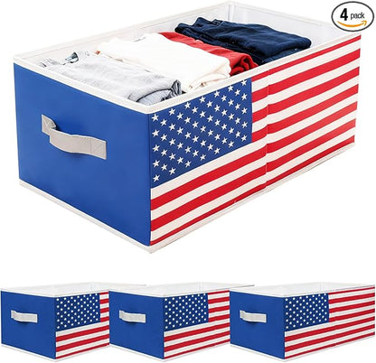 4 Pack Large Oxford Fabric Storage Bins with Beautiful Flag Print, Sturdy Closet Organizers and Storage, Foldable Clothes Organizer Bin with PU Handles, Ideal for Cloth Toys Books Storage Basket