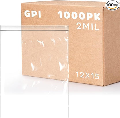 GPI - 12" x 15" Zip Bags, 1000 Count, Clear Plastic Reclosable Zipper Poly Baggies, with Resealable Zip Top Lock. for Freezer, Apparel, Clothing, Food, Home & Office Supplies.