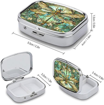 Metal 2 Compartment Pill Organizer Travel Friendly Portable Compact Pill Box Cute Pill Case to Hold Vitamins,Fish Oil,Supplements,Meds,Tablet for Purse,Pocket. (Dragonfly)