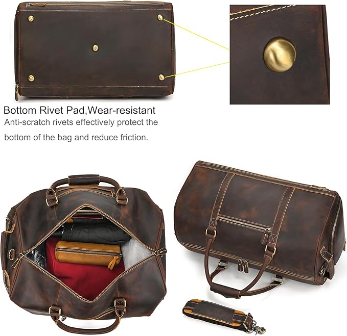 Genuine Full-grain Leather Travel Bag Large Capacity Duffel Luggage Bag with Shoe Compartment, Men Women Weekend Shoulder HandBag for Holiday Trip
