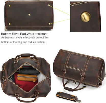 Genuine Full-grain Leather Travel Bag Large Capacity Duffel Luggage Bag with Shoe Compartment, Men Women Weekend Shoulder HandBag for Holiday Trip