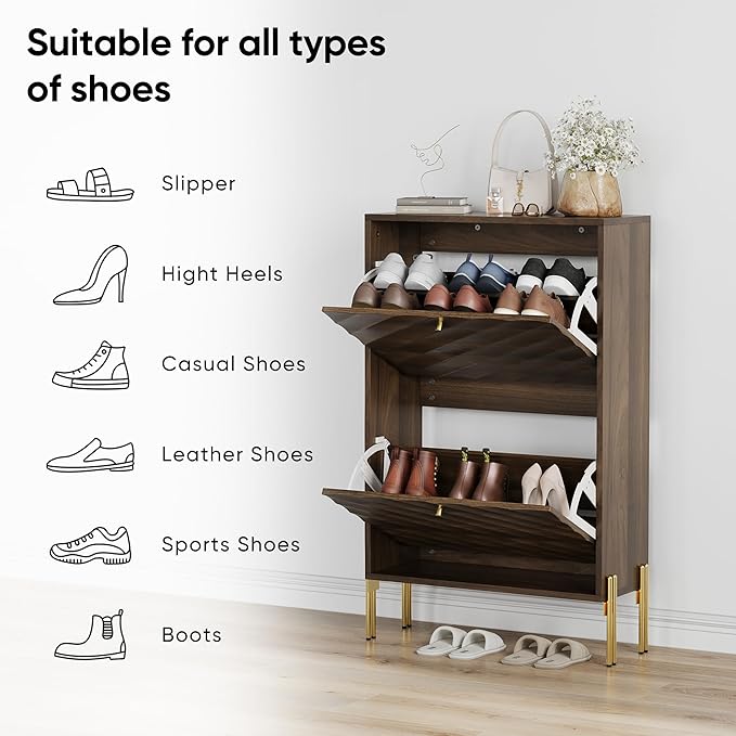 Spaco Walnut Shoe Cabinet for Entryway,Narrow Shoe Storage Cabinet with 2 Flip Drawers,Slim Shoe Rack Organizer for Hallway
