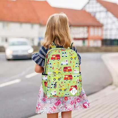 Little Kids Backpack for Girls Boys - 15 Inch Preschool Kindergarten Backpack Cute Car Patterns School Bag for Aged 3-8, Green
