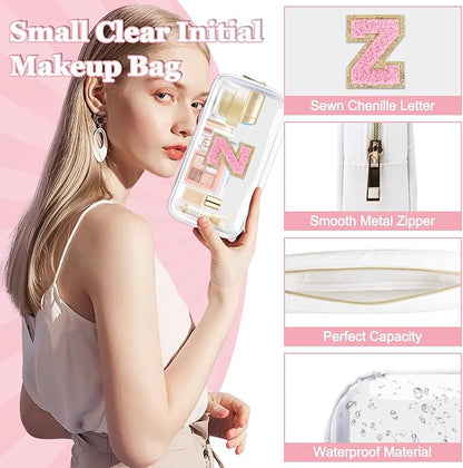 Small Clear Personalized Initial Makeup Bag, Preppy A-Z Chenille Letter Patch Cosmetic Bag, Cute Transparent Nylon Waterproof Zipper Beach Varsity Letter Pouch, Gift for Women Girls(White-Pink Z)