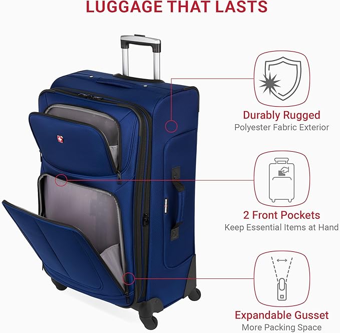 SwissGear Sion Softside Expandable Luggage – Large Checked Suitcase with 360 Degree Wheels & Retractable Handle – 29 Inch, Perfect for 7-9 Night Trips – Blue