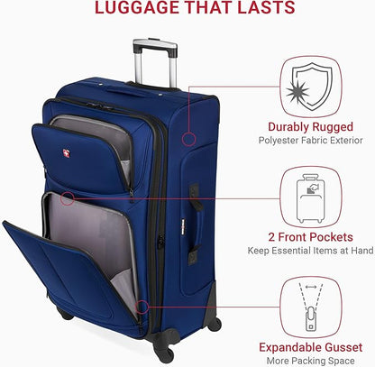 SwissGear Sion Softside Expandable Luggage – Large Checked Suitcase with 360 Degree Wheels & Retractable Handle – 29 Inch, Perfect for 7-9 Night Trips – Blue