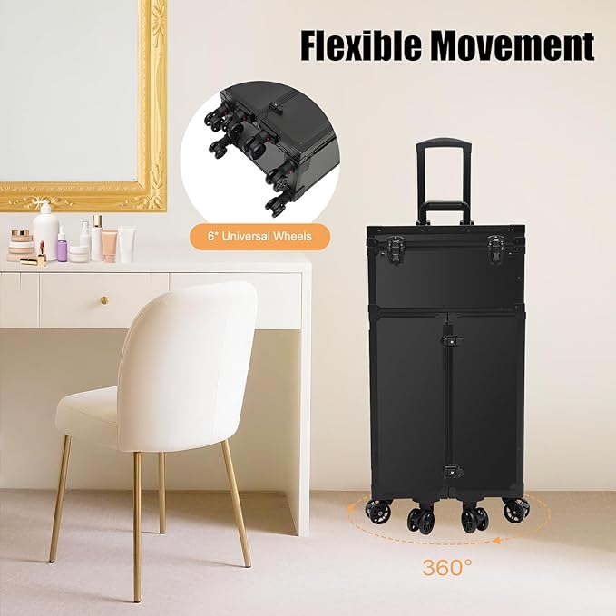 Professional Rolling Makeup Case 4 Drawers Pro Makeup Artist Cosmetic Train Case Hairstylist Travel Case Portable Make Up Station with Multiple Compartments & 6 Swivel Wheels - Black