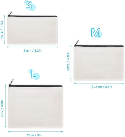 12 Pieces Black Cotton Canvas Makeup Bag, Multipurpose Cosmetic Bag with Zipper Travel Toiletry Pouch, Blank DIY Craft Bag (Black, L)