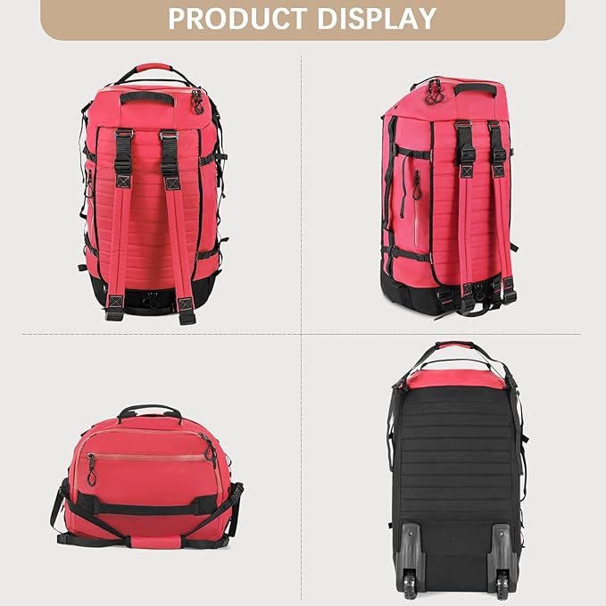 CONTAIL 86L Wheeled Duffel Bag, Soft Shell with Adjustable Web Handles, Carry On Size 29.5x14.2x12.6in, Foldable with Dual Wheels & Shoe Compartment,Red