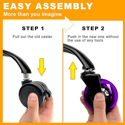 Office Chair Wheels for Casters Replacement - 3" Rubber Wheels for Computer Gaming Desk Caster Smooth & Safe Rolling for All Floors Including Hardwood and Carpet - Set of 5 - Purple