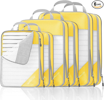 Compression Packing Cubes 6 Set, Compressible Space-Saving Packing Cubes for Travel - Compression Bags, Luggage Organizer, Travel Essentials for Women, Golden Yellow