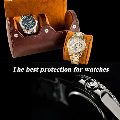 MR.OKAY 2 Watch Travel Case- Classic Leather Watch Case With Perfect Texture.Portable Watch Roll Or Organizer For Storage And Display. Luxury Gifts For Men, All Handmade by Artisans.