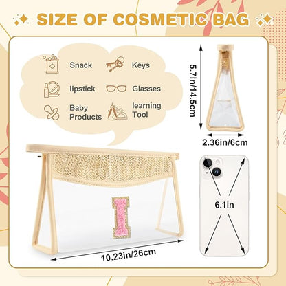 Small Boho Straw Initial Letter Makeup Bag Personalized Gift ,Cute Clear Chenille Patch Makeup Bag With Zipper,Trendy TSA Approved Travel Toiletry Bag,Gift for Women Girls Birthday Friend, Letter I