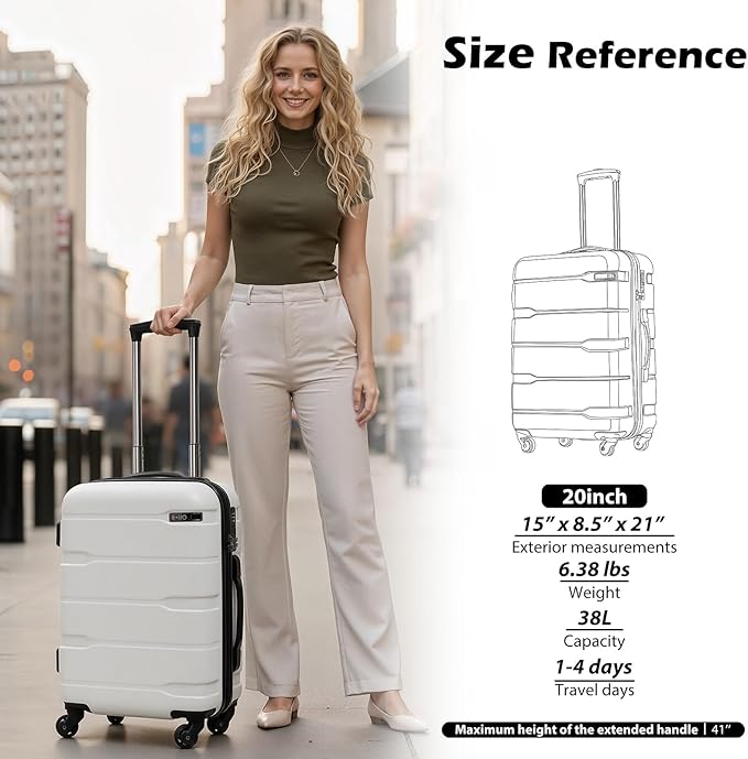 Coolife Luggage PC+ABS Hardshell Suitcase with TSA Lock, Spinner Carry On Lightweight (White, 20in)