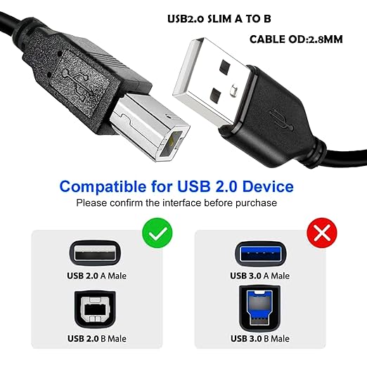 Long Slim 20ft Type2.0 Printer Wire, Type A to Type B Wire High Speed Type 2.0 A to B Wire Scanner Printer Cord to Computer for HP Canon Brother Dell Epson OD2.8MM