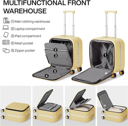 mixi Carry On Luggage, 18” Suitcase with Front Laptop Pocket, Travel Luggage Aluminum Frame PC Hardside with Spinner Wheels & TSA Lock and Cover (Not for Underseat), Lark Yellow