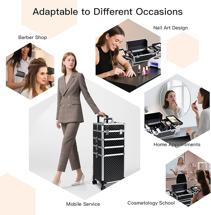 Professional Rolling Makeup Case, Cosmetology Case on Wheels 4 in 1 Large Cosmetic Train Case, Ideal Gift for Hairstylist, Nail Techs, Portable Beauty Organizer for Travel or Salon Use