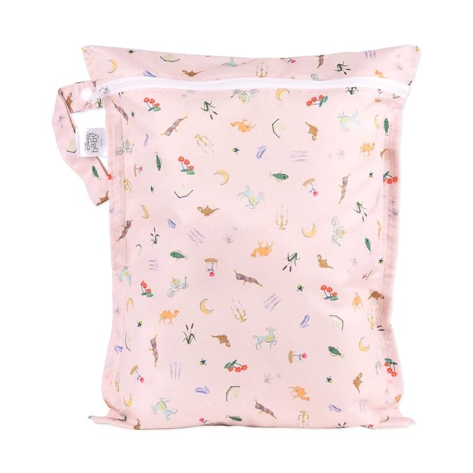Bumkins Disney Waterproof Wet Bag for Baby, Travel, Swim Suit, Cloth Diapers, Pump Parts, Pool, Beach, Gym Clothes, Toiletry, Hook to Stroller, Daycare, Zip Reusable Wetdry Pack, Princess Magic Pink