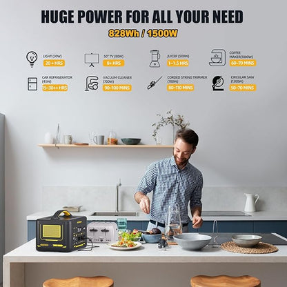 VTOMAN Jump1500X Portable Power Station, 828Wh LiFePO4 Battery Solar Generator with Jump Start, 1500W AC Outlet, 100W PD Type-C, Large Capacity Expandable to 2376Wh for Camping, RV Travel, Home Backup