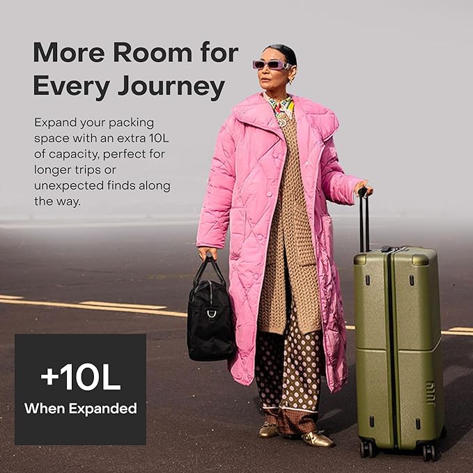 Checked Plus Expandable - 28.75" Airline Approved Check In Luggage with Wheels, Rolling Suitcase for Men & Women - TSA Lock, Silent Spinner Wheels, Expansion Zip, Y-Strap - Moss