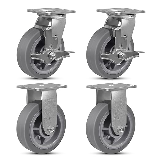 6"x2" Rubber Wheels (Flat Tread)- Heavy Duty Casters, Industrial Caster Wheels- Set of 4 with up to 4000 LB Capacity- Use for Dollies, Workbench(2 Brake &2 Rigid)