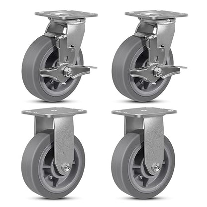 6"x2" Rubber Wheels (Flat Tread)- Heavy Duty Casters, Industrial Caster Wheels- Set of 4 with up to 4000 LB Capacity- Use for Dollies, Workbench(2 Brake &2 Rigid)