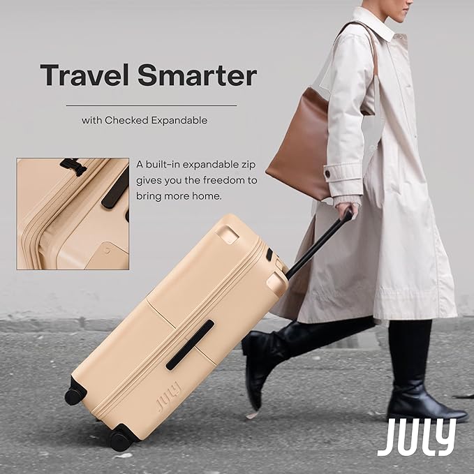 Checked Expandable - 24.5" Airline Approved Check In Luggage with Wheels, Spinner Suitcase for Men & Women - TSA Lock Rolling Suitcase, Spinner Wheels, Expansion Zip, Y-Strap - Sand