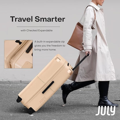 Checked Expandable - 24.5" Airline Approved Check In Luggage with Wheels, Spinner Suitcase for Men & Women - TSA Lock Rolling Suitcase, Spinner Wheels, Expansion Zip, Y-Strap - Sand