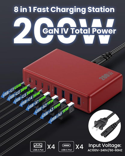 200W USB C Charger Block,GaN IV Charging Station 8 Ports,QC4.0 Fast Charging Station Hub+PD 65W USB C Laptop Charger Adapter Compatible with MacBook Air/Pro,DELL,iPhone 17/16/15,iPad,Steam Deck-Red