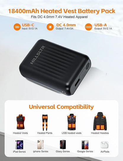18400mAh Heated Vest Battery Pack - 7.4V DC 4.0mm & USB/Type-C Output Compatible with Heated Apparel, Up to 11H Heat, LED Display
