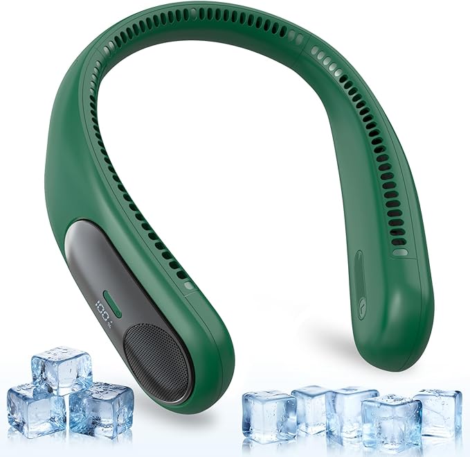 Portable Neck Fan,Personal Wearable Bladeless Fan,LED Display,4-Speeds,6000mAh USB Rechargeable,360° Strong Cooling Wind,Hands Free,White Elephant Gift,Christmas Gifts for Men Women (Dark green)