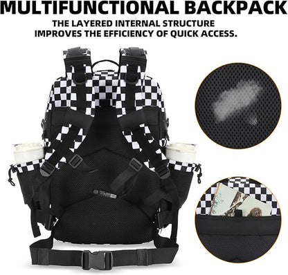 25L Tactical Military Backpack Small Travel Rucksack for Men and Women Assault Pack Bug Out Bag Molle Daypack Gym Backpack with Bottle Holder (Black White Checkered)