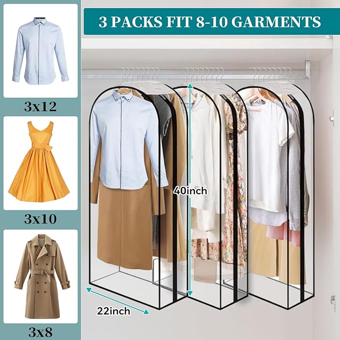 10” Gusseted Clear Garment Bags, 40” Hanging Suit Bags for Closet Storage - Protect Clothes, Suits, Coats, Dresses - 3 Pack (40 inch)