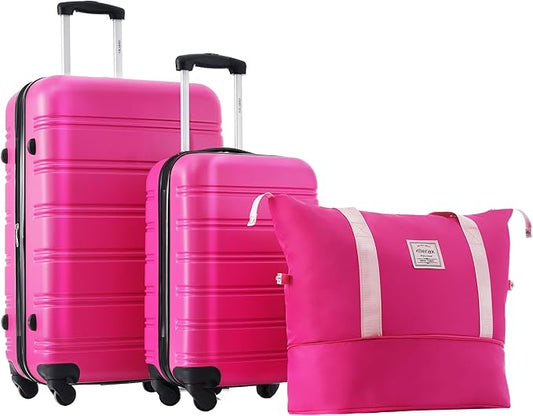 Merax Luggage Sets 2 Piece Expandable Hardside Luggage with Travel Bag Suitcase Set with Spinner Wheels(20+28+bag,Pink-1)