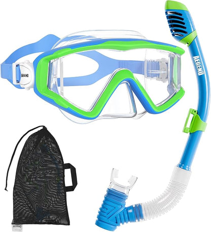 Aegend Snorkeling Gear for Adults Youth Kids, Dry Snorkel Set Panoramic View Enhanced Anti-Leak and Anti-Fog Technology, Adjustable Strap for Snorkeling Scuba Diving Swimming with Mesh Bag