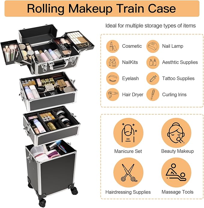 Professional Rolling Makeup Case, Cosmetology Case on Wheels 4 in 1 Large Cosmetic Train Case, Ideal Gift for Hairstylist, Nail Techs, Portable Beauty Organizer for Travel or Salon Use,Black Silver